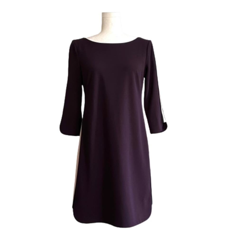 Vince Camuto Dress Purple Crepe Side Stripe Boatneck 3/4 Sleeve Sheath Size 4
